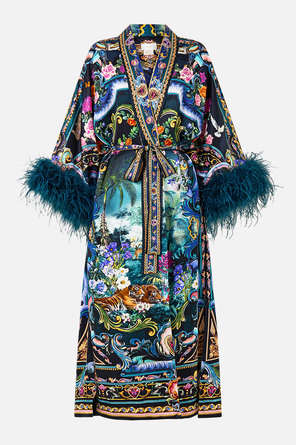 The CAMILLA Long Robe With Narrow Collar And Feathers in our Basked In Baroque print.