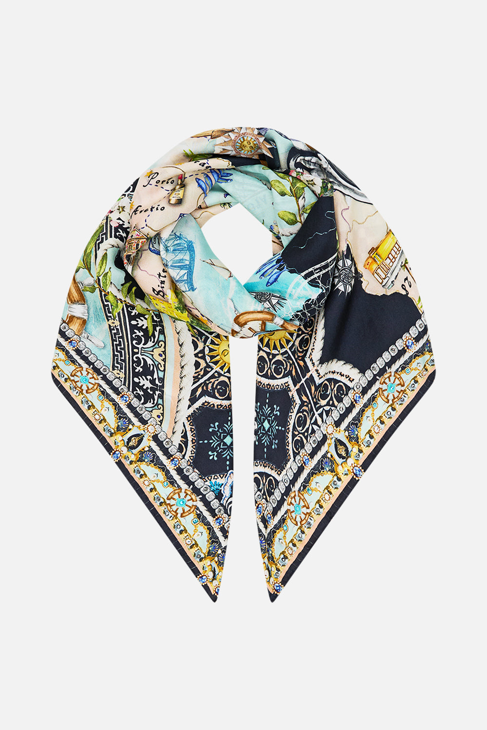 The CAMILLA Large Crystalled Silk Square Scarf in our Folk Afloat print.
