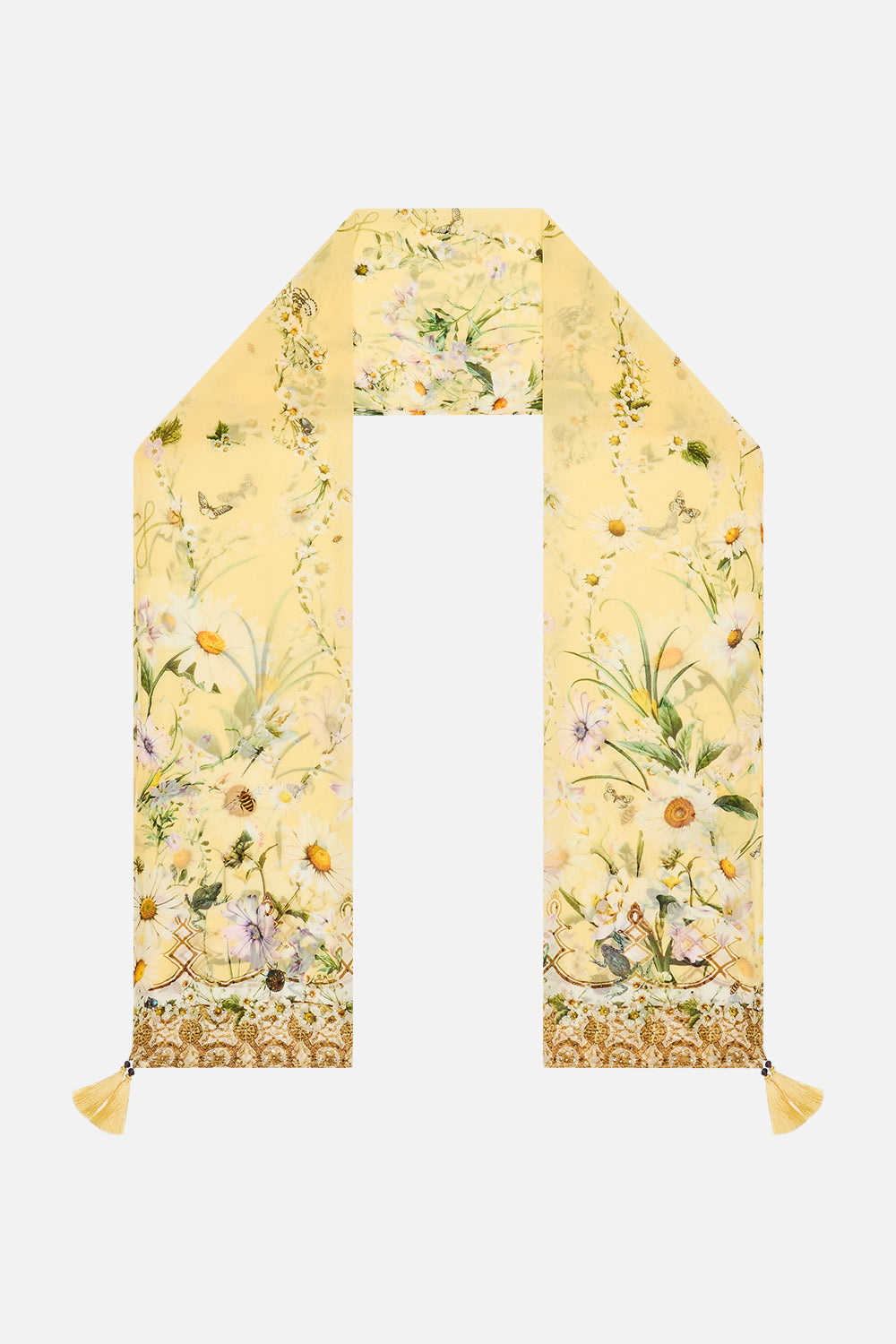 The CAMILLA Long Silk Crinkle Chiffon Scarf in our Daisy Chains print.