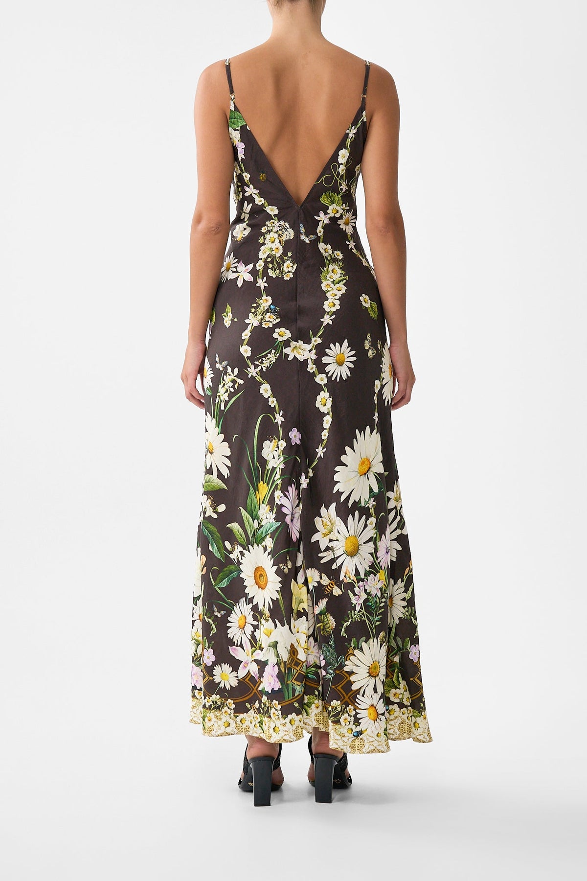 The CAMILLA V Neck Full Length Bias Slip Dress in our Dish It, Daisy print.