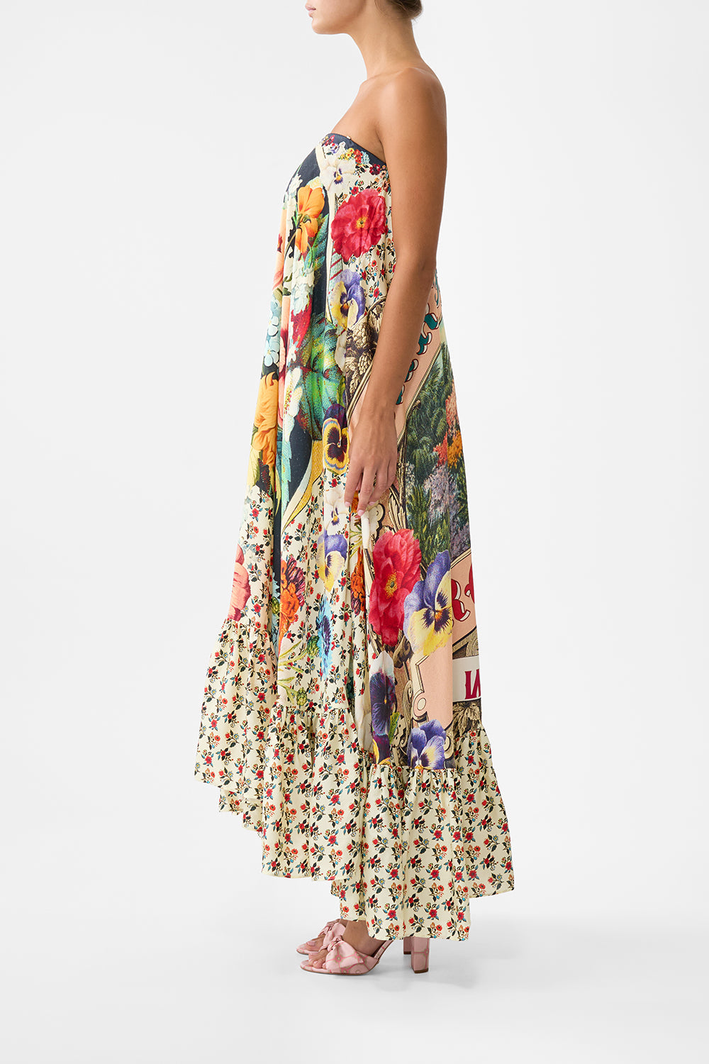 The CAMILLA Strapless Maxi With Ruffle Hem in our Aromatic Amor print.