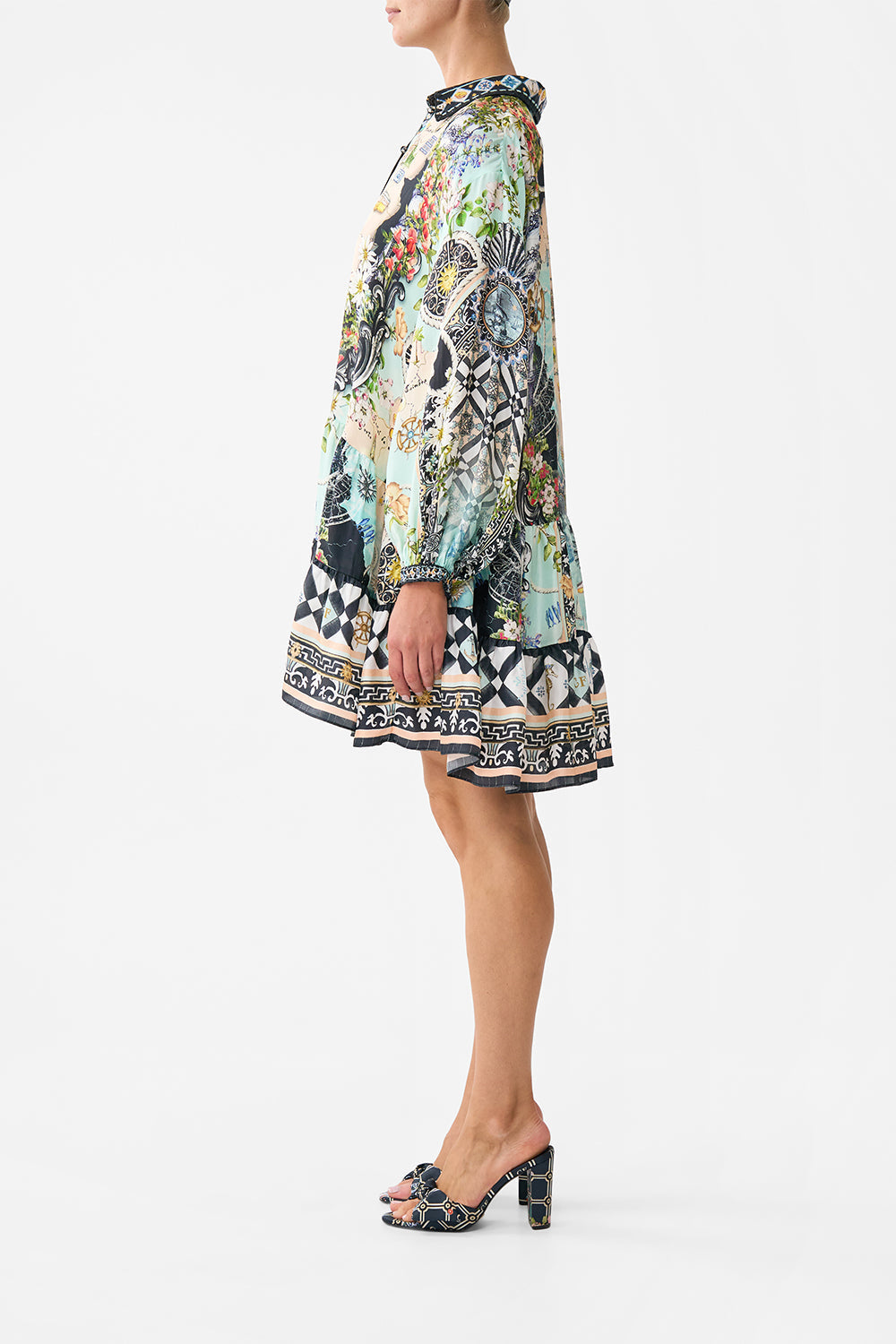 The CAMILLA Long Sleeve Tiered Short Dress in our Folk Afloat print.