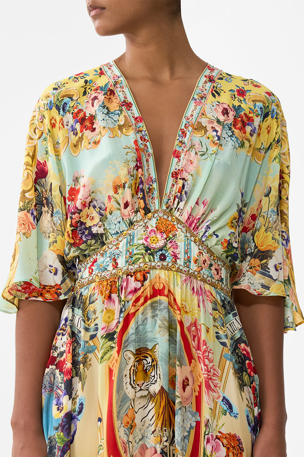 The CAMILLA Waisted Dress With Hem Ruffle in our Aromatic Tiger Flower print.