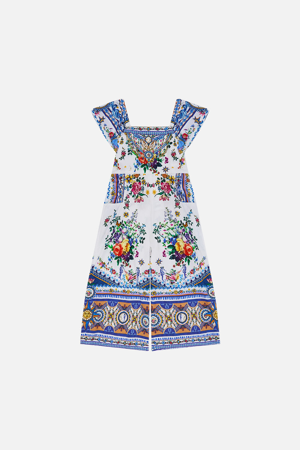 The CAMILLA Kids Jumpsuit With Frill Shoulder 12-14 in our Tiles Darls print.