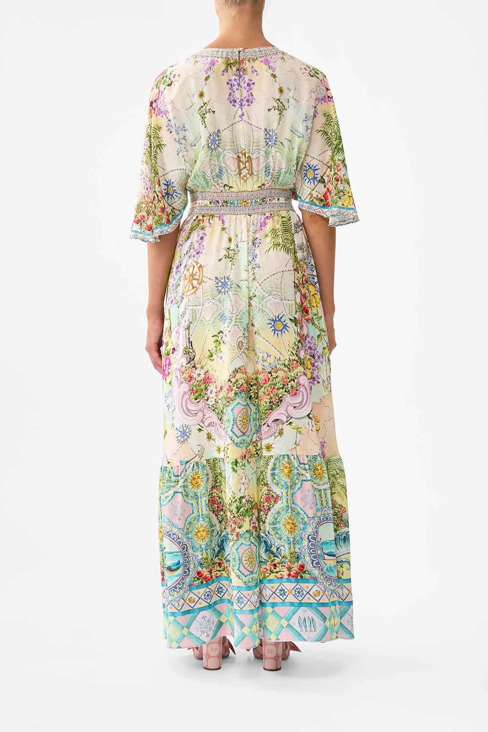 The CAMILLA Waisted Dress With Hem Ruffle in our Just Coasting print.