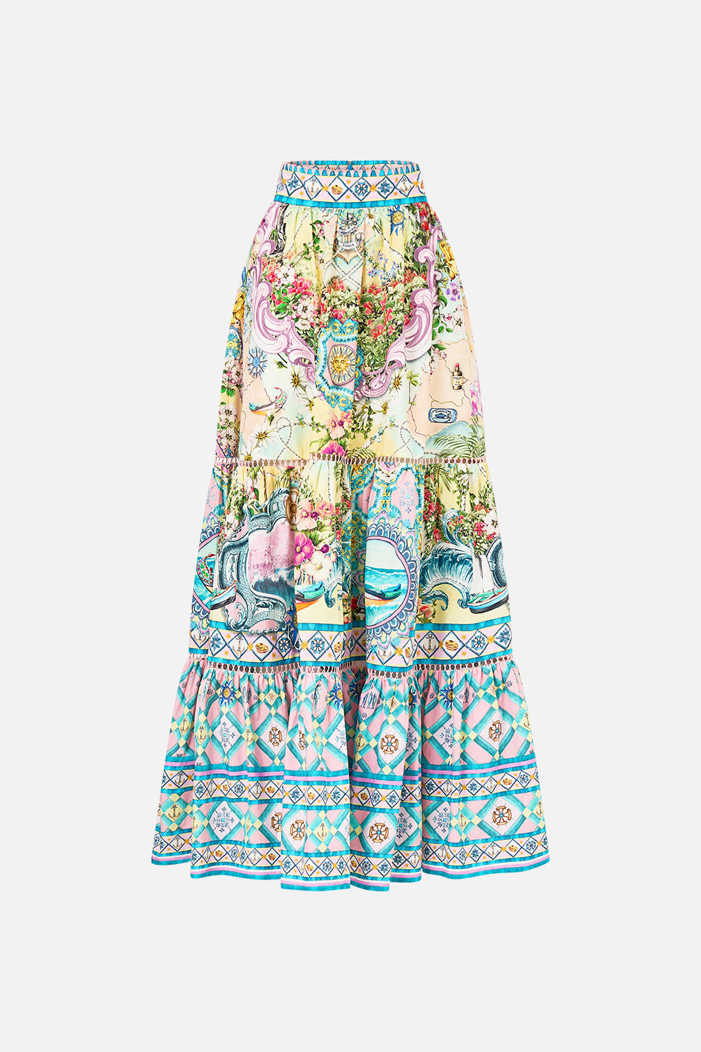 The CAMILLA High Waisted Tiered Skirt in our Just Coasting print.