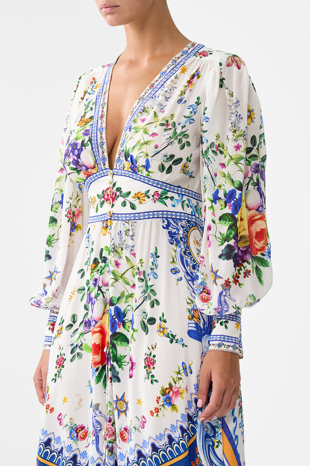 The CAMILLA Shaped Waistband Dress With Gathered Sleeves in our Tiles Darls print.