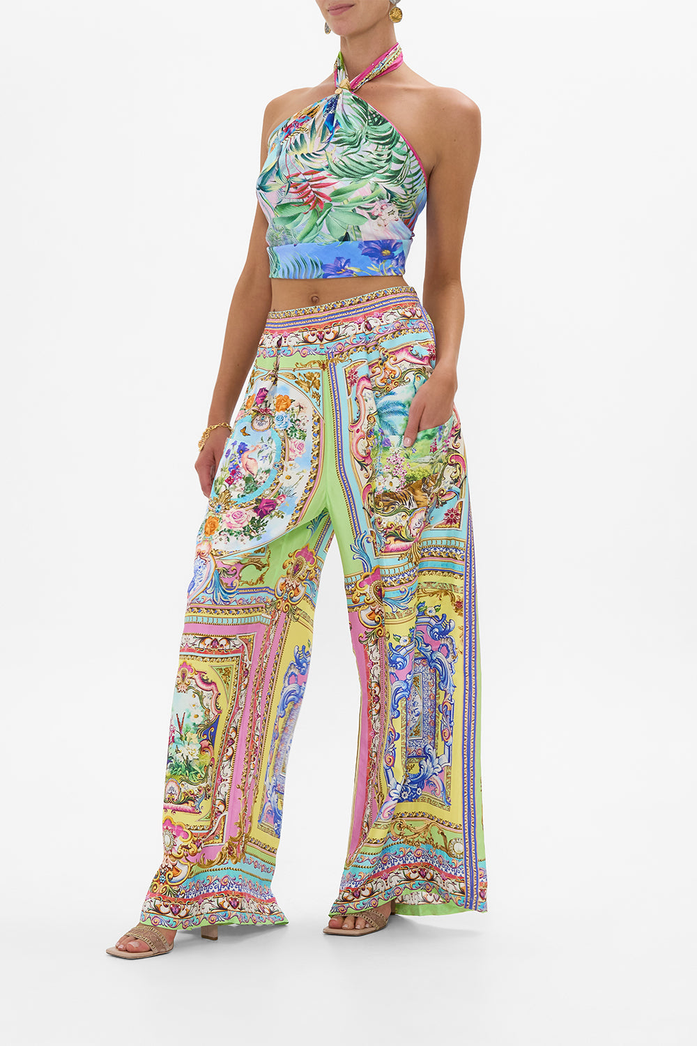 The CAMILLA Wide Leg Trouser With Front Pockets in our Spirit Of Santa Maria print.
