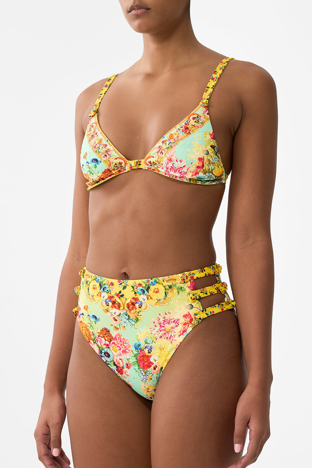 The CAMILLA Soft Underwire Bikini Top With Button Straps in our Aromatic Tiger Flower print.