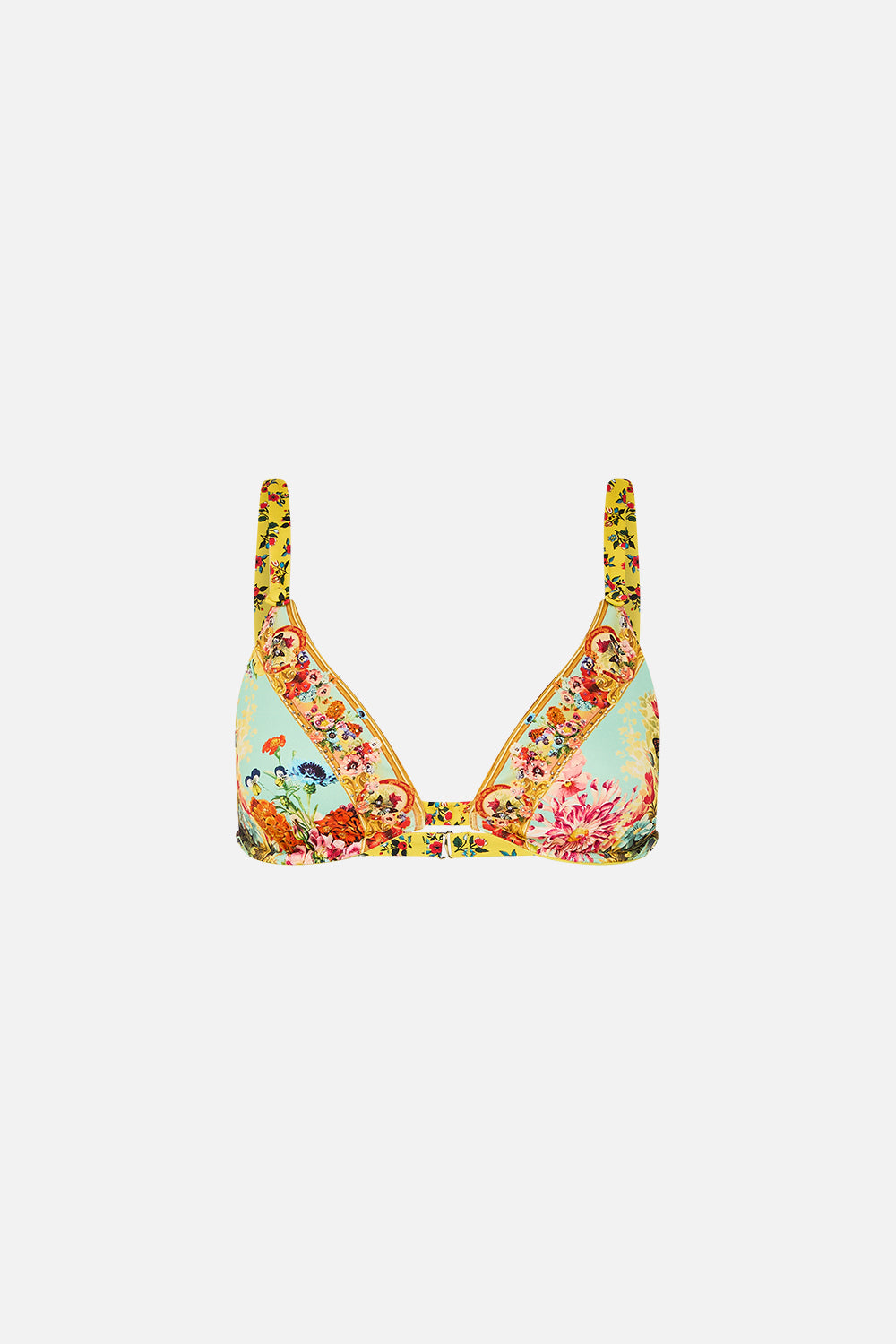 The CAMILLA Soft Underwire Bikini Top With Button Straps in our Aromatic Tiger Flower print.