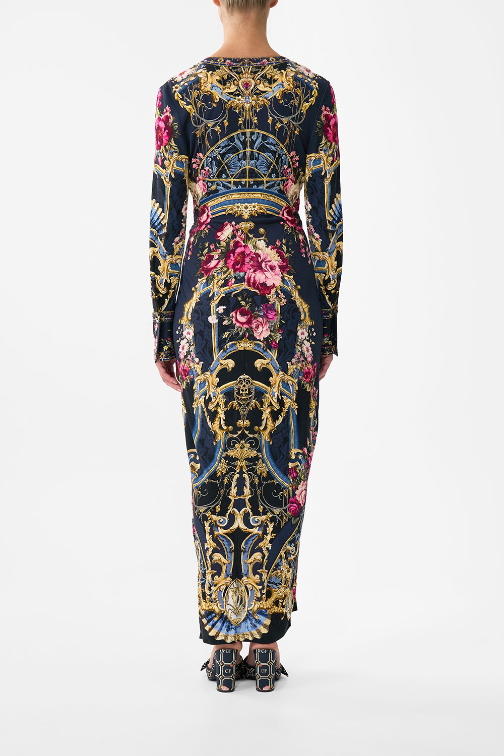The CAMILLA Long V Neck Twist Front Jersey Dress in our Ornate On A Plate print.