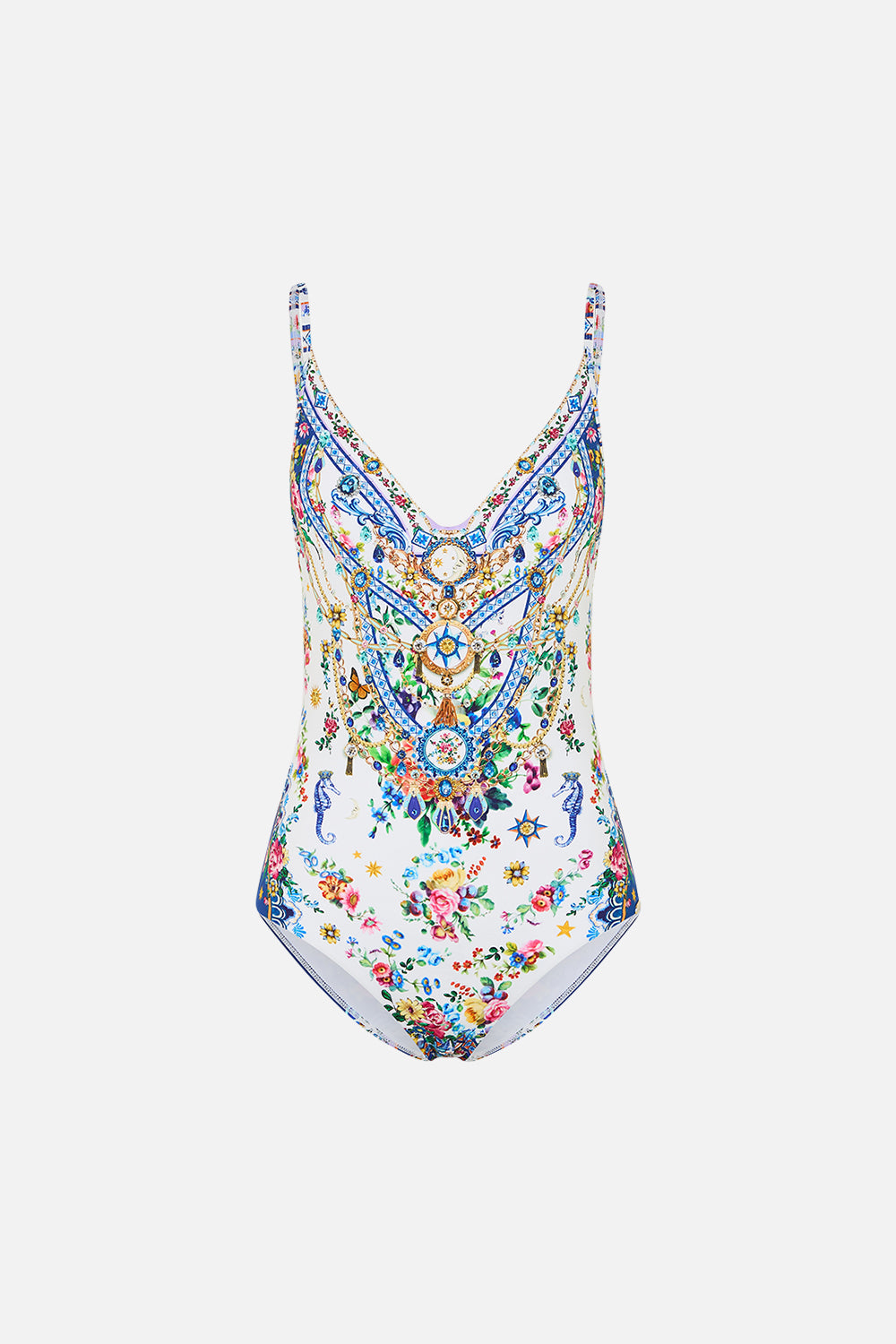 The CAMILLA V Neck Underwire One Piece With Scoop Back in our Tiles Darls print.