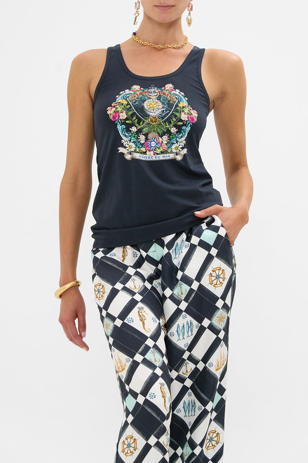 The CAMILLA Jersey Scoop Neck Tank Top in our Folk Afloat print.