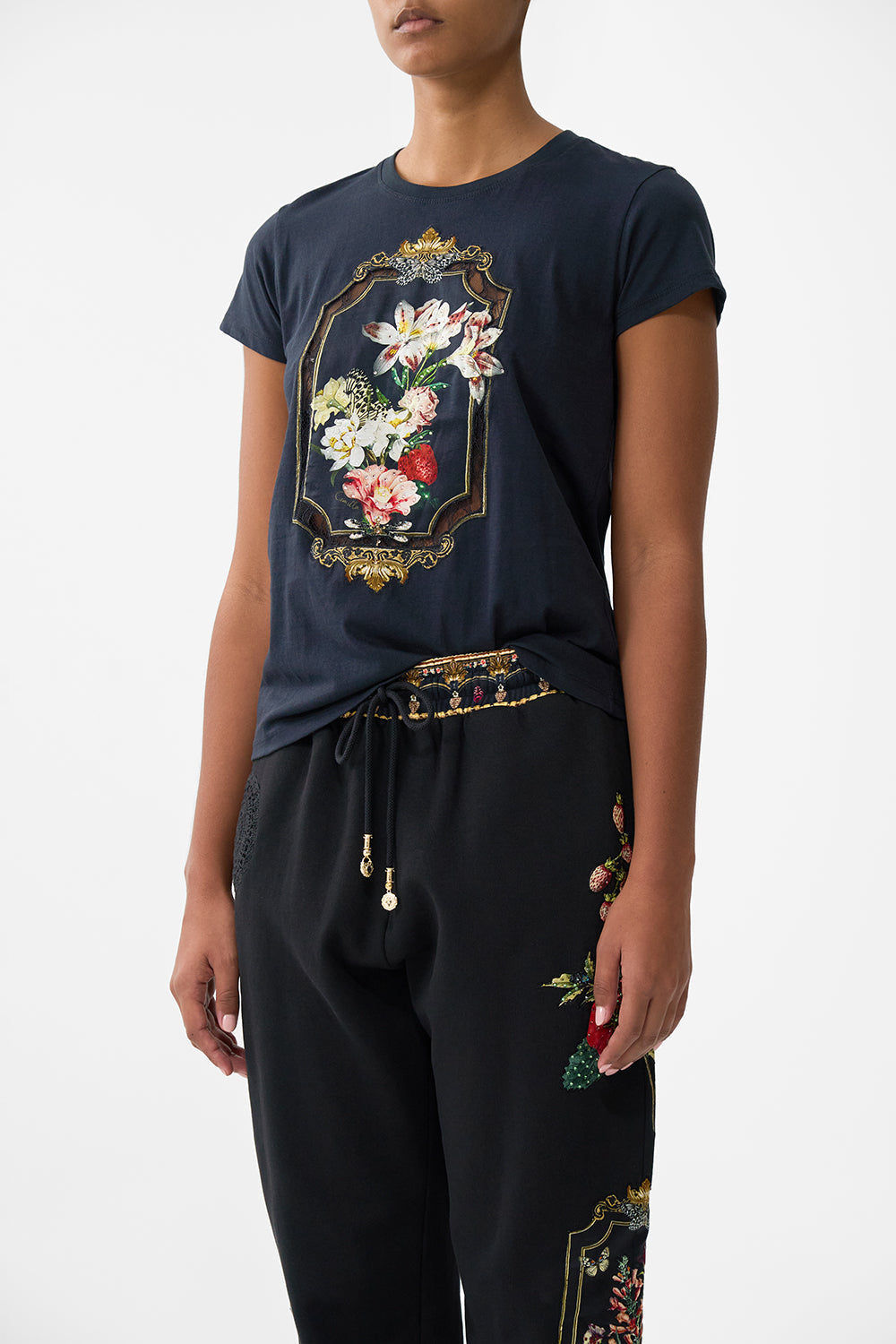 The CAMILLA Slim Fit Round Neck T-Shirt With Lace in our Noble Endeavours print.