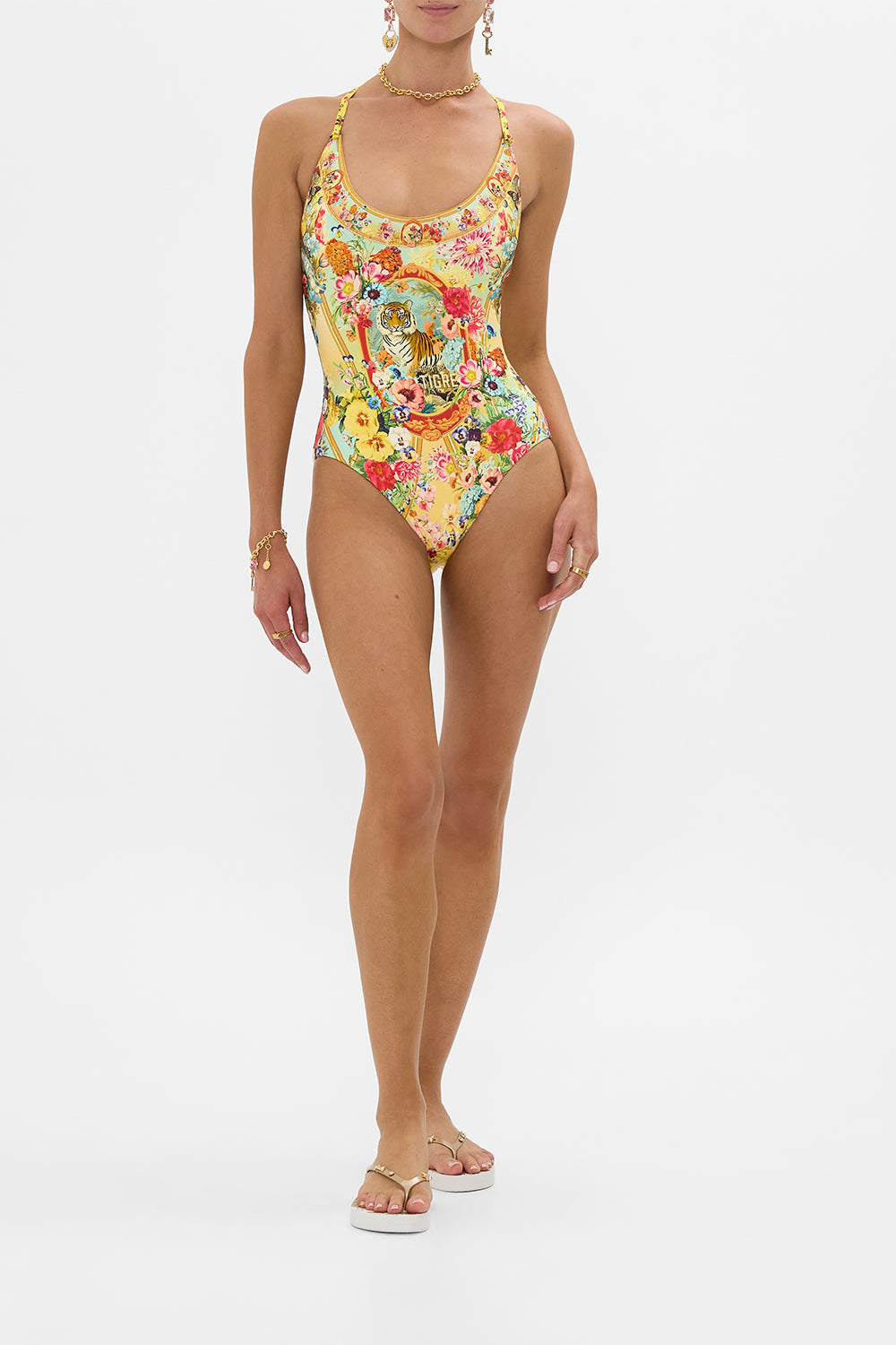 The CAMILLA Scoop Neck One Piece With Button Straps in our Aromatic Tiger Flower print.