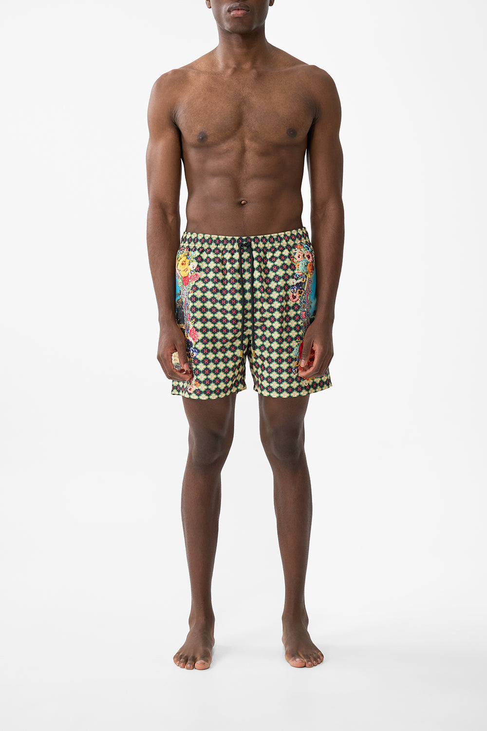 The CAMILLA Mid Length Boardshort With Elastic Waist in our Bathing Bombshell print.