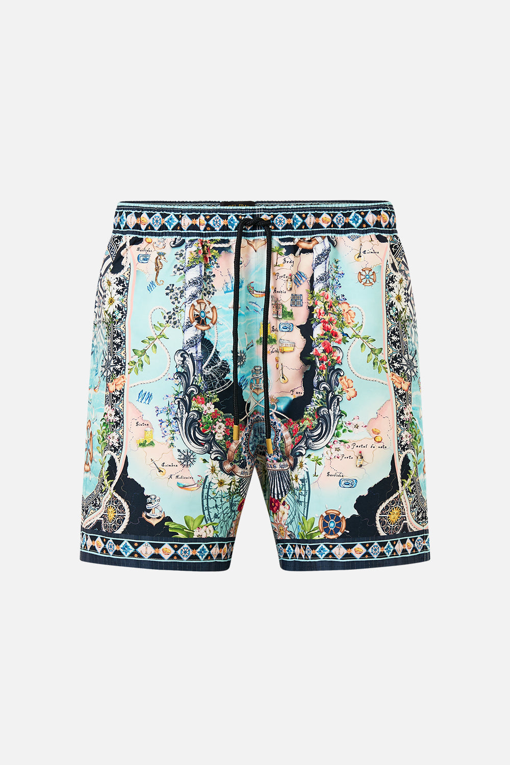 The CAMILLA Mid Length Boardshort With Elastic Waist in our Folk Afloat print.