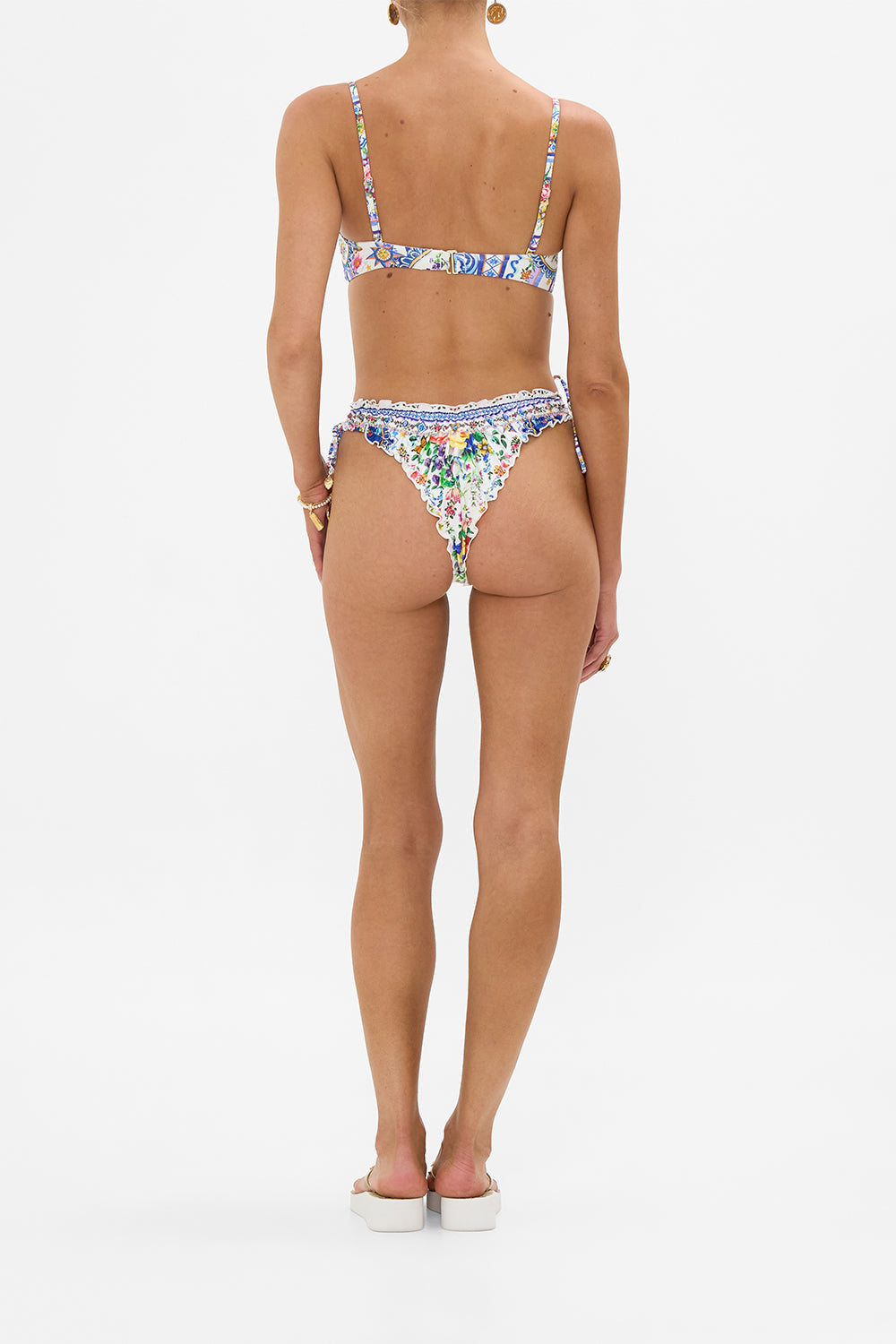 The CAMILLA Ruched Skimpy Bikini Bottom With Tie Sides in our Tiles Darls print.