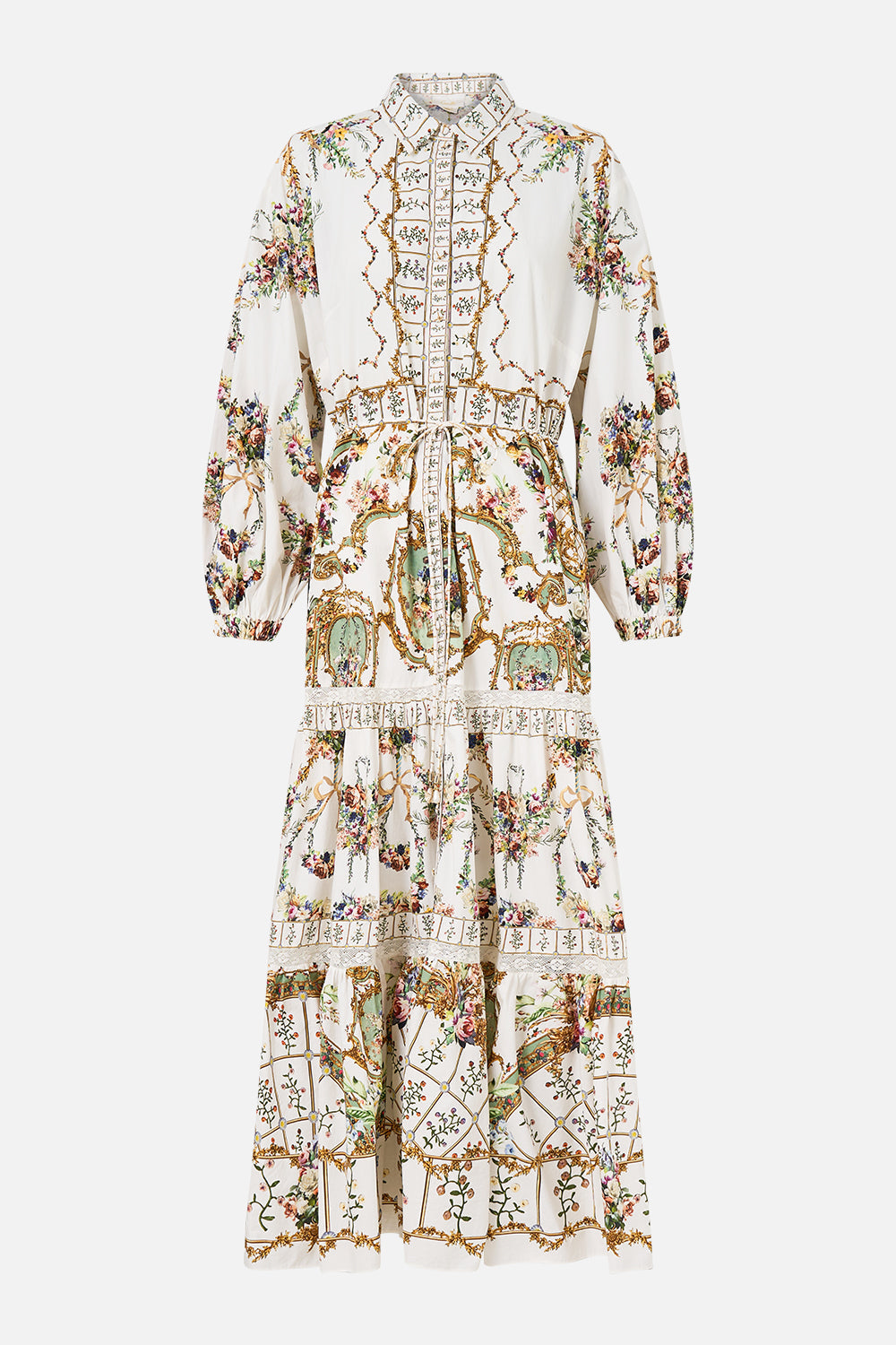 The CAMILLA Tiered Long Shirt Dress in our Dressing Room Drama print.