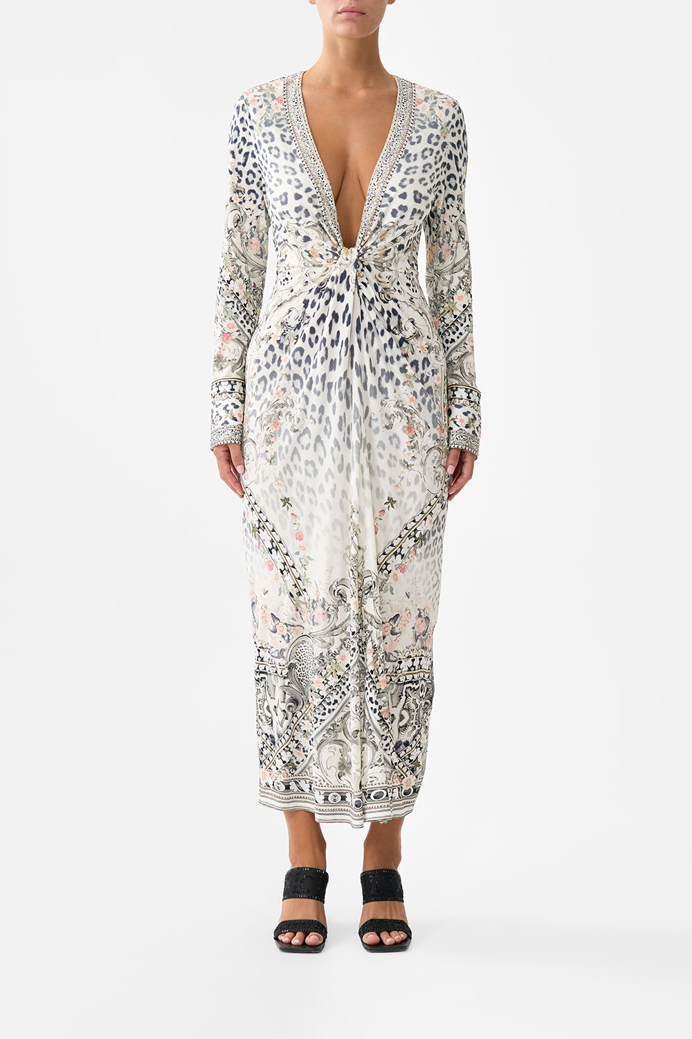 The CAMILLA Long V Neck Twist Front Jersey Dress in our Marble Heaven print.