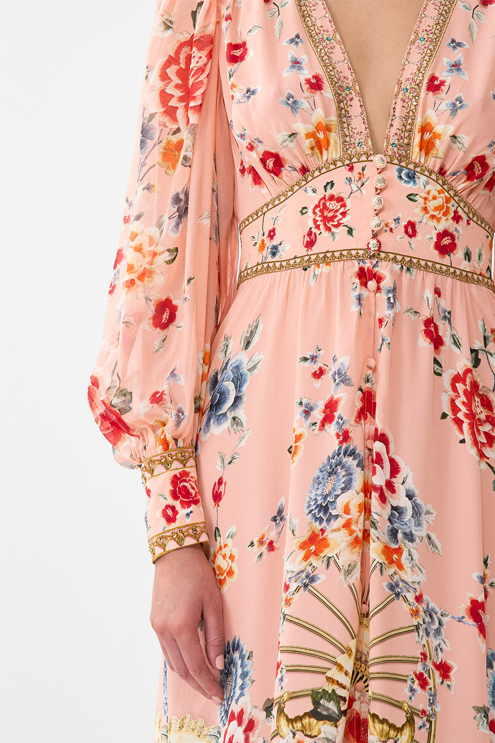The CAMILLA Shaped Waistband Dress With Gathered Sleeves in our Majestic Milla print.