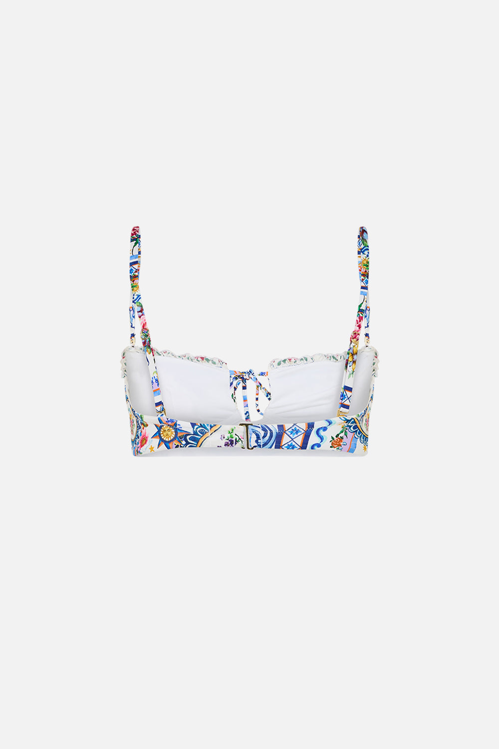 The CAMILLA Ruched Cup Underwire Bikini Top W Tie Front in our Tiles Darls print.