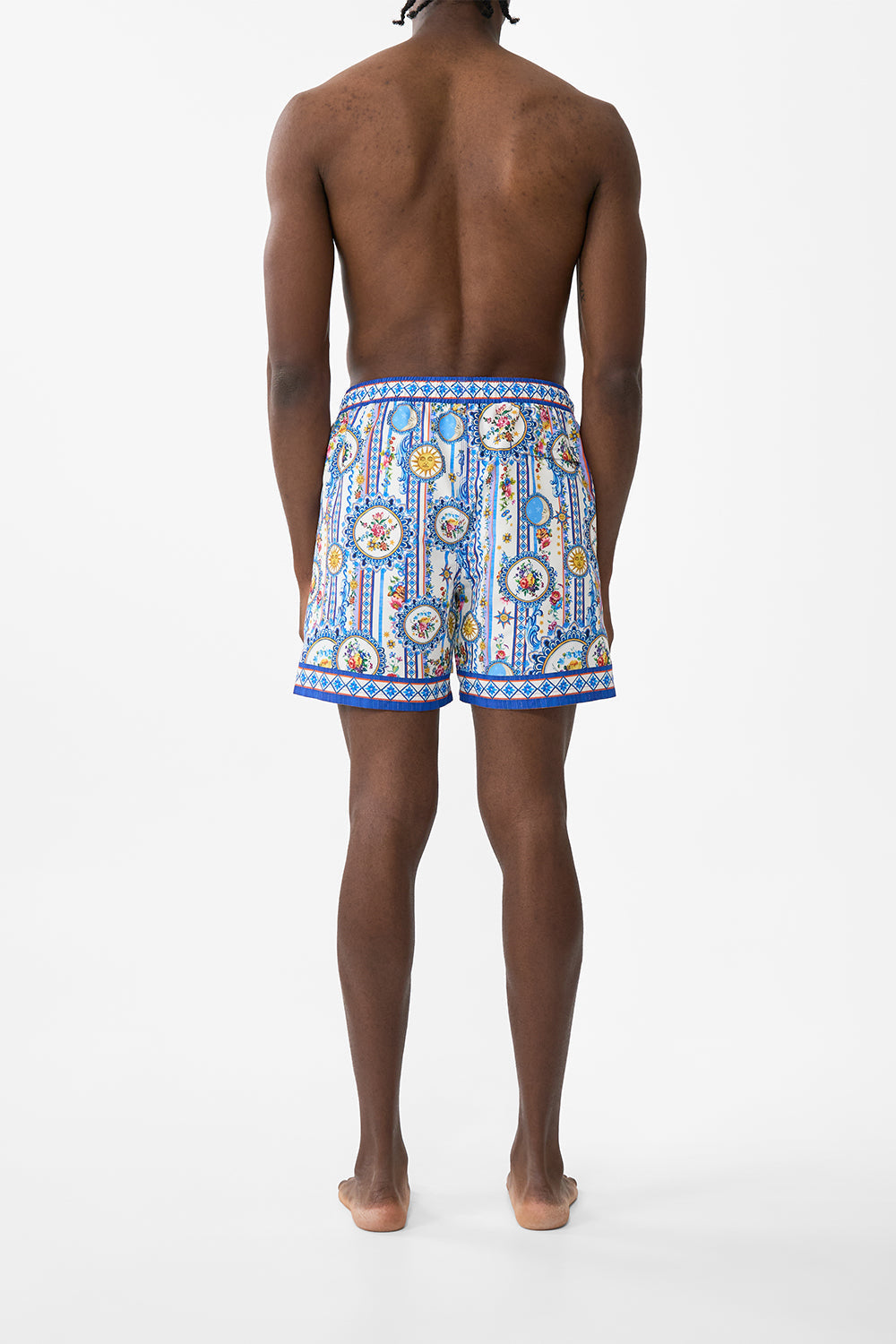 The CAMILLA Mid Length Boardshort With Elastic Waist in our Tiles Darls print.