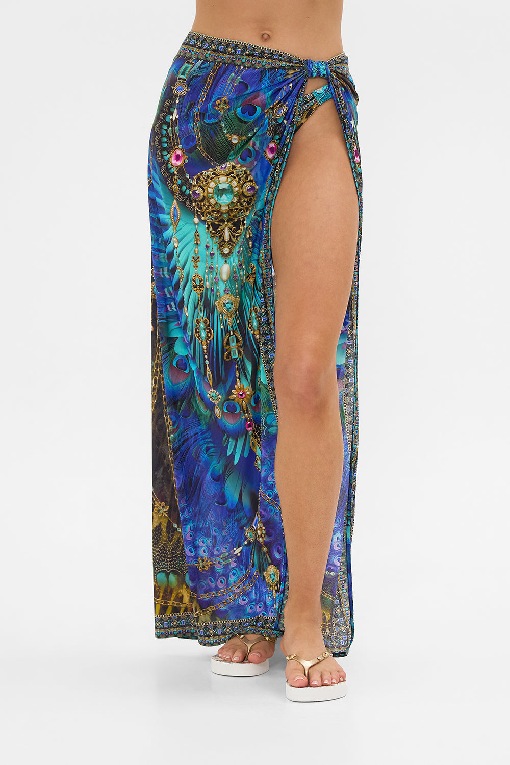 The CAMILLA Long Sarong With Gathered Tab And Leg Split in our Dominican Decadence print.