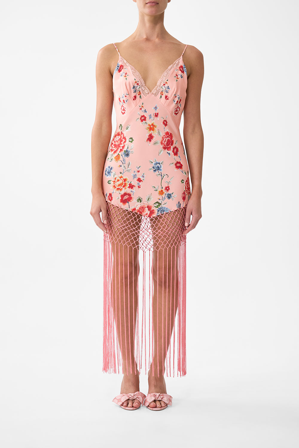 The CAMILLA V Neck Bias Slip Dress With Fringing in our Majestic Milla print.