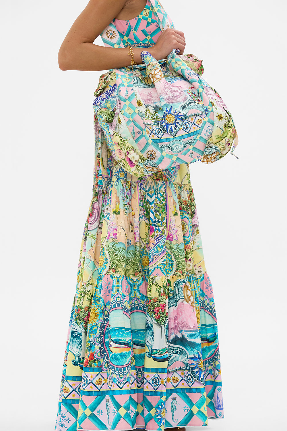 The CAMILLA Drawstring Bow Beach Bag in our Just Coasting print.