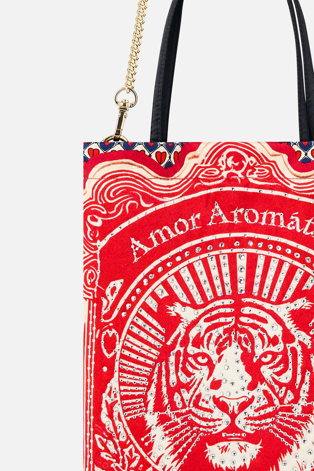 The CAMILLA Embellished Mini Tote With Chain Strap in our Rinse & Roar print.