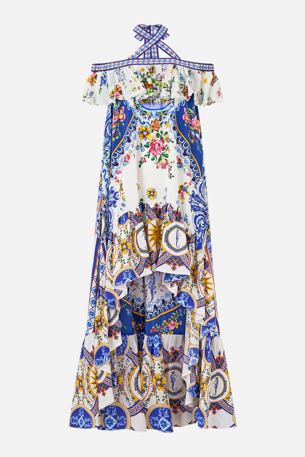 The CAMILLA Off Shoulder Shaped Hem Dress in our Tiles Darls print.