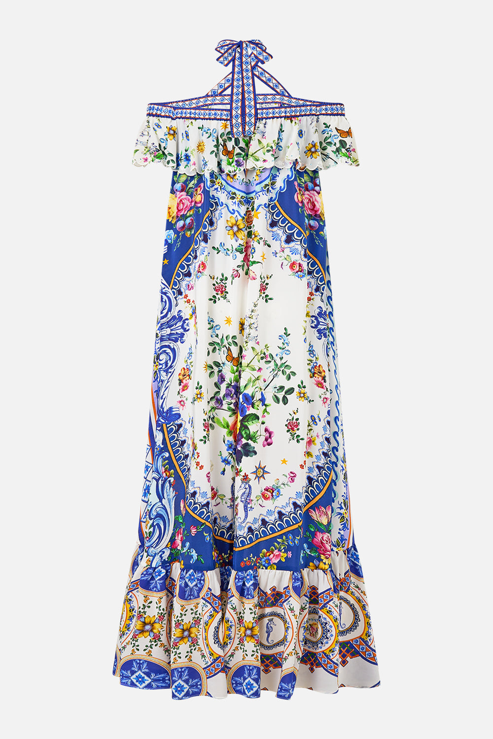 The CAMILLA Off Shoulder Shaped Hem Dress in our Tiles Darls print.