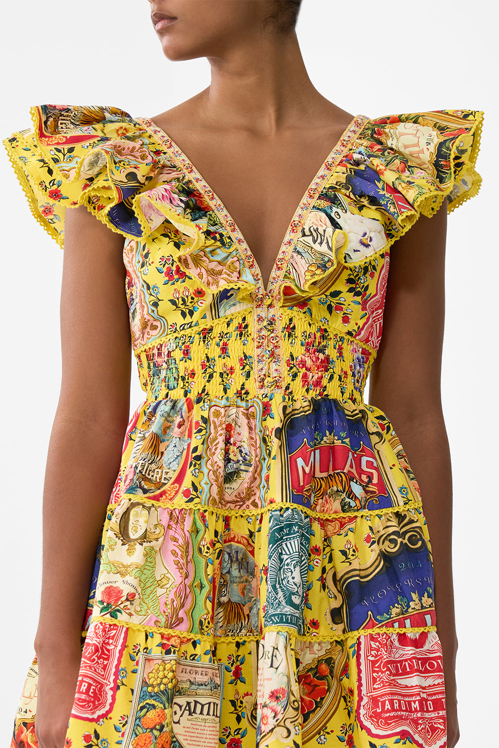 The CAMILLA Tiered Short Dress With Neck Frill in our Soap Opera print.