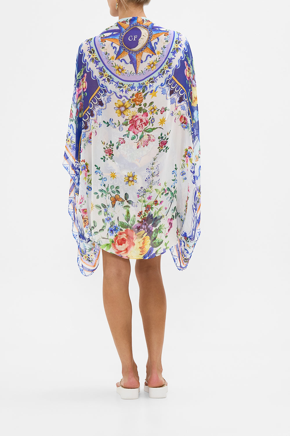 The CAMILLA Silk Chiffon Shrug in our Tiles Darls print.