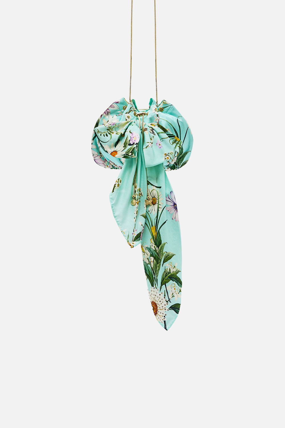 The CAMILLA Drawstring Pouch Bag With Oversized Bow in our Floral Freefall print.