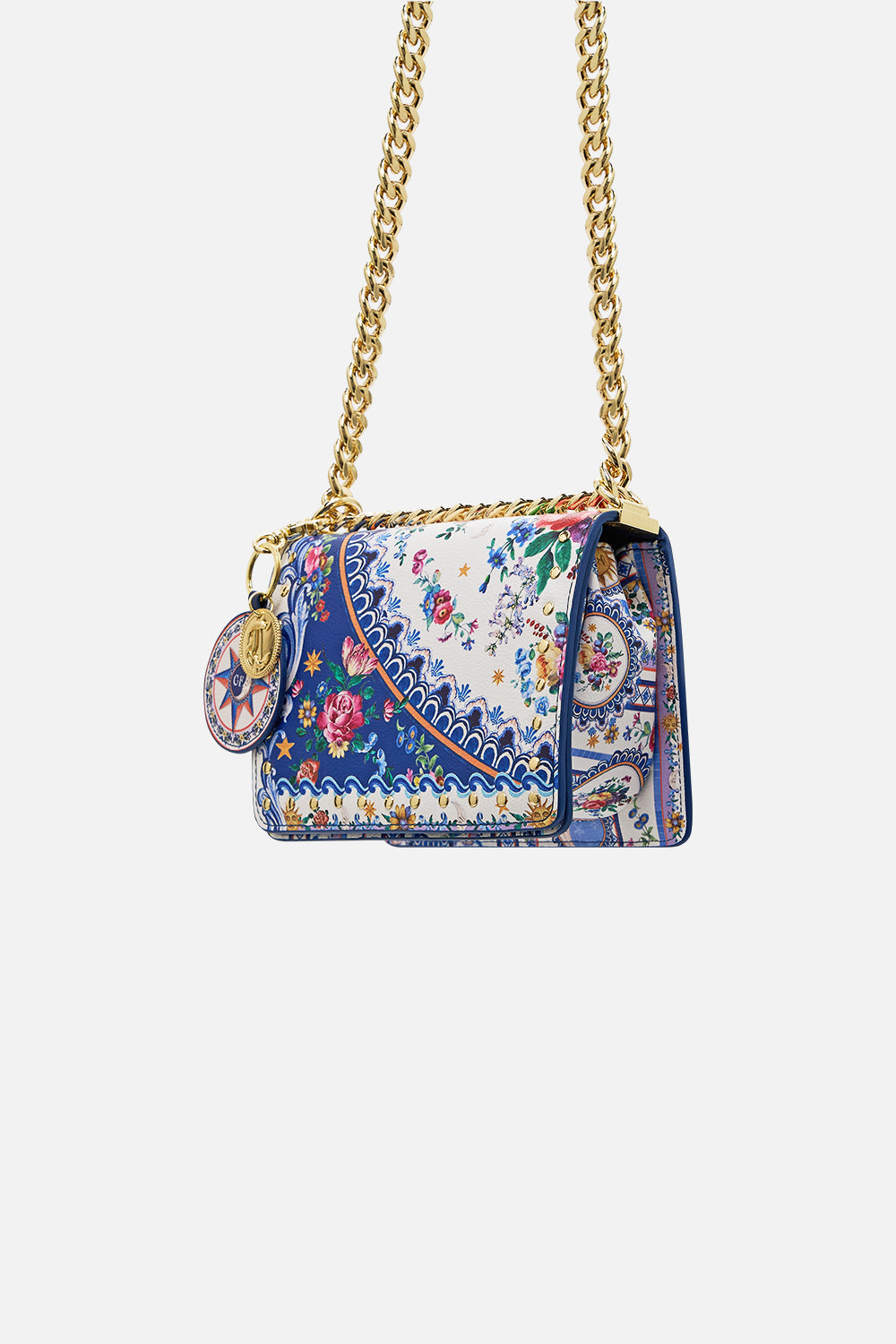 The CAMILLA Crossbody Box Bag With Chain And Keyring in our Tiles Darls print.