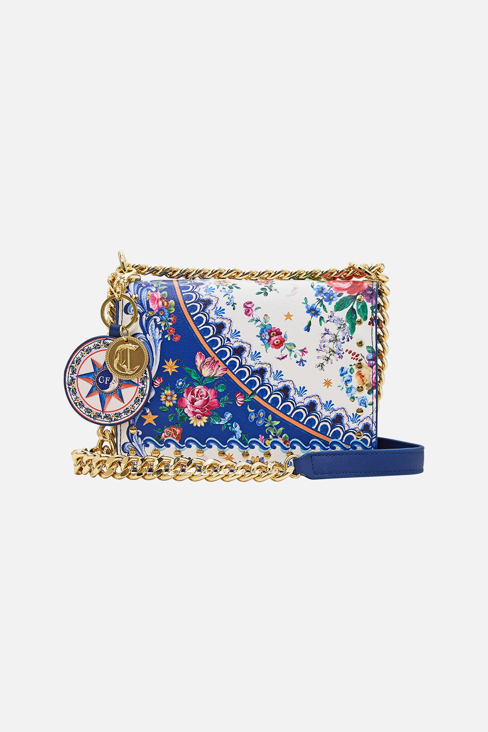 The CAMILLA Crossbody Box Bag With Chain And Keyring in our Tiles Darls print.