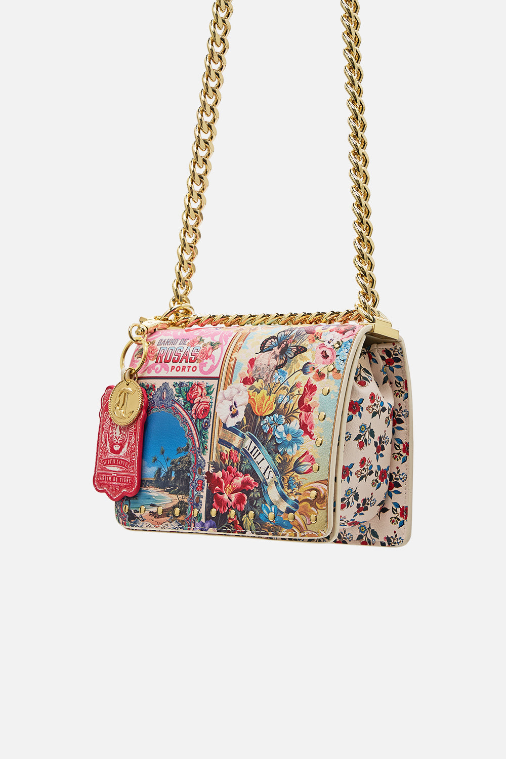 The CAMILLA Crossbody Box Bag With Chain And Keyring in our Aromatic Tiger Flower print.