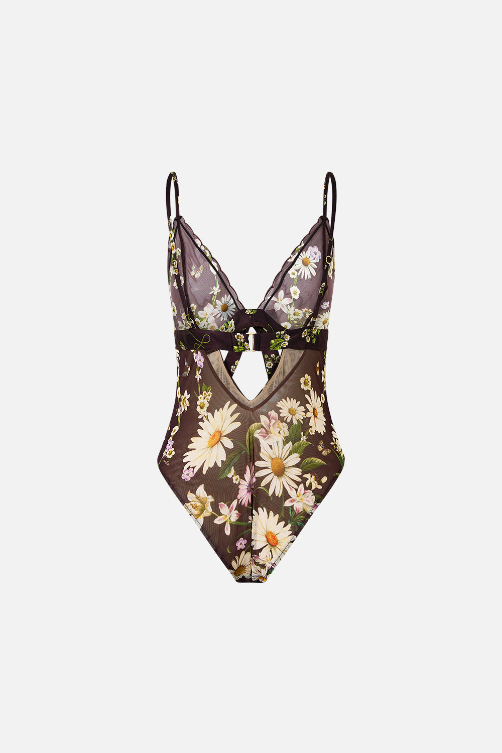 The CAMILLA Scalloped Edge Tri Bodysuit With Bow Front in our Dish It, Daisy print.