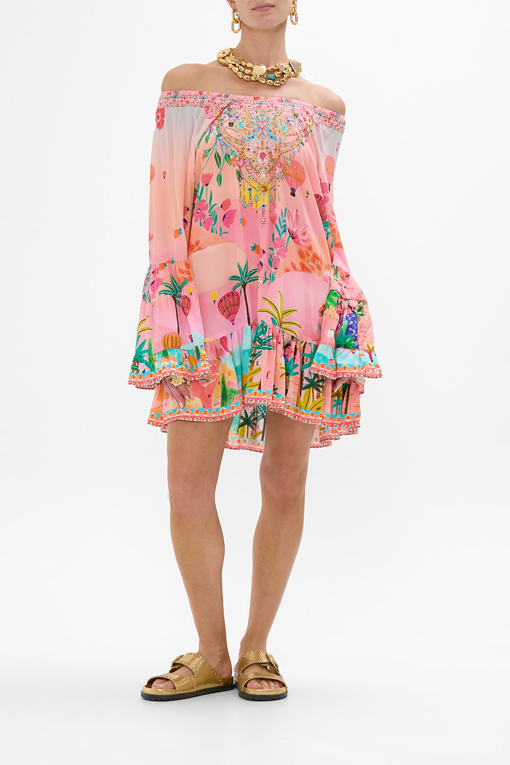 CAMILLA A line frill dress in Sister Sunset print.