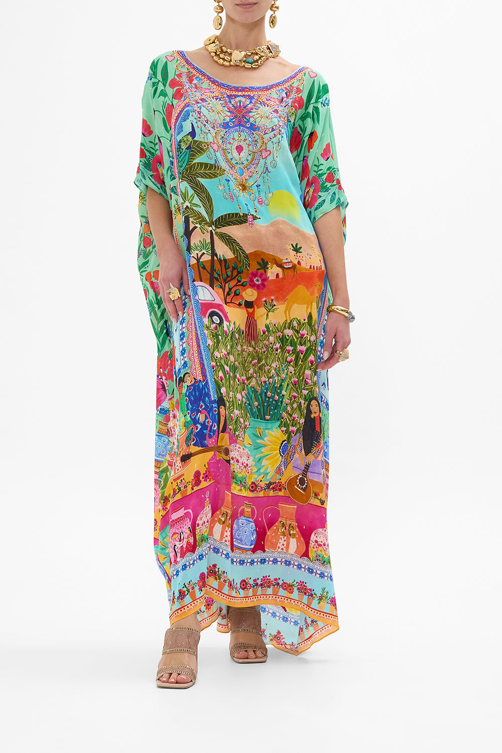 CAMILLA Round Neck Kaftan in Queens of Creation print.
