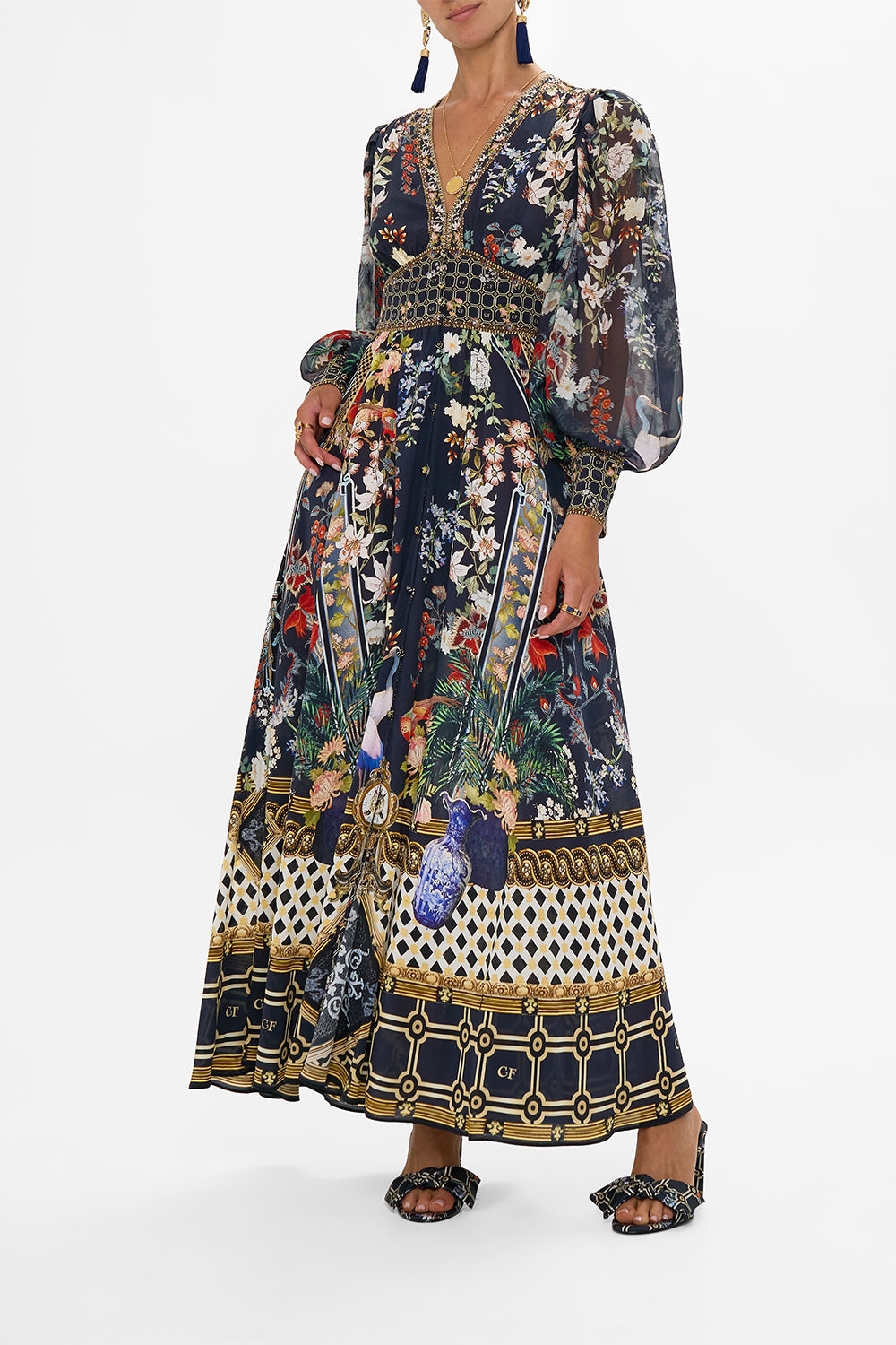 CAMILLA Shaped Waistband Dress With Gathered Sleeves in Palacio Poetry print