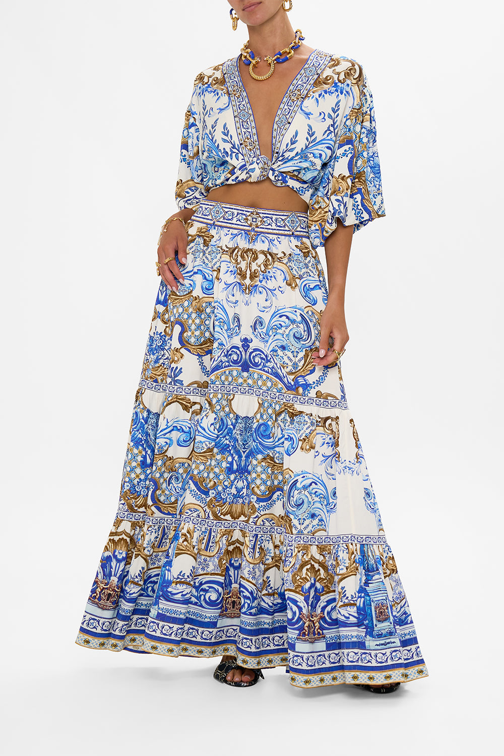 CAMILLA High Waisted Tiered Skirt in Azul Adventures print