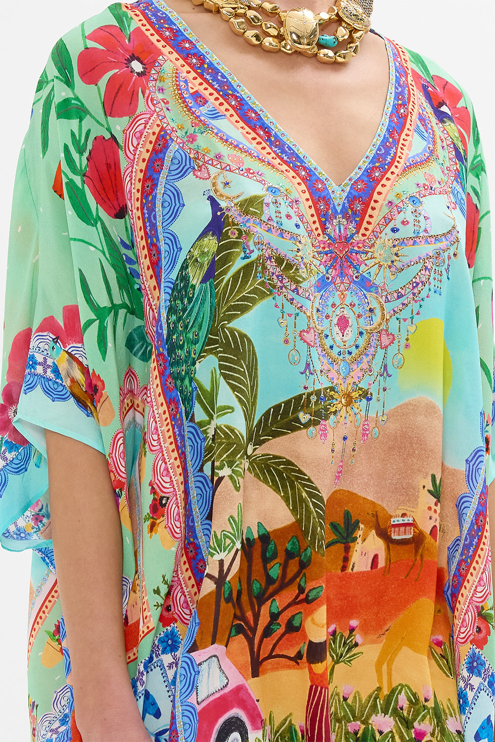 CAMILLA Rectangular v neck kaftan in Queens of Creation print.