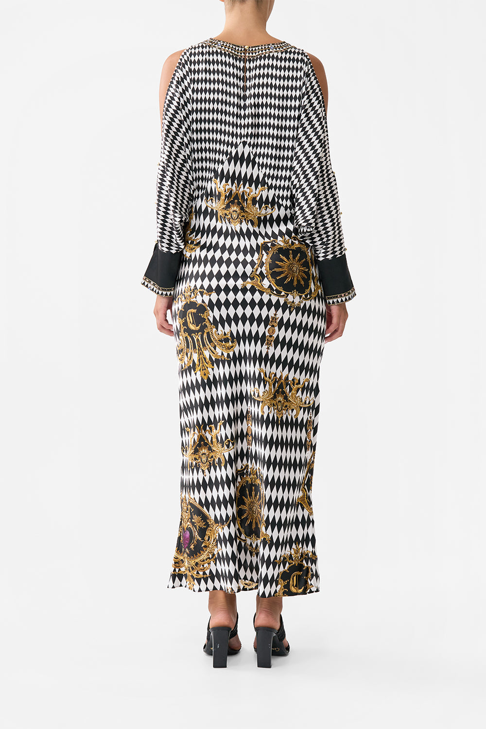 PLUNGE NECK DRAPED SHOULDER DRESS MONARCHY MANIA