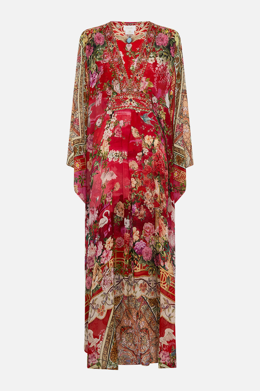 CAMILLA Long kaftan with waist detail in Sweet home Alexandria print.