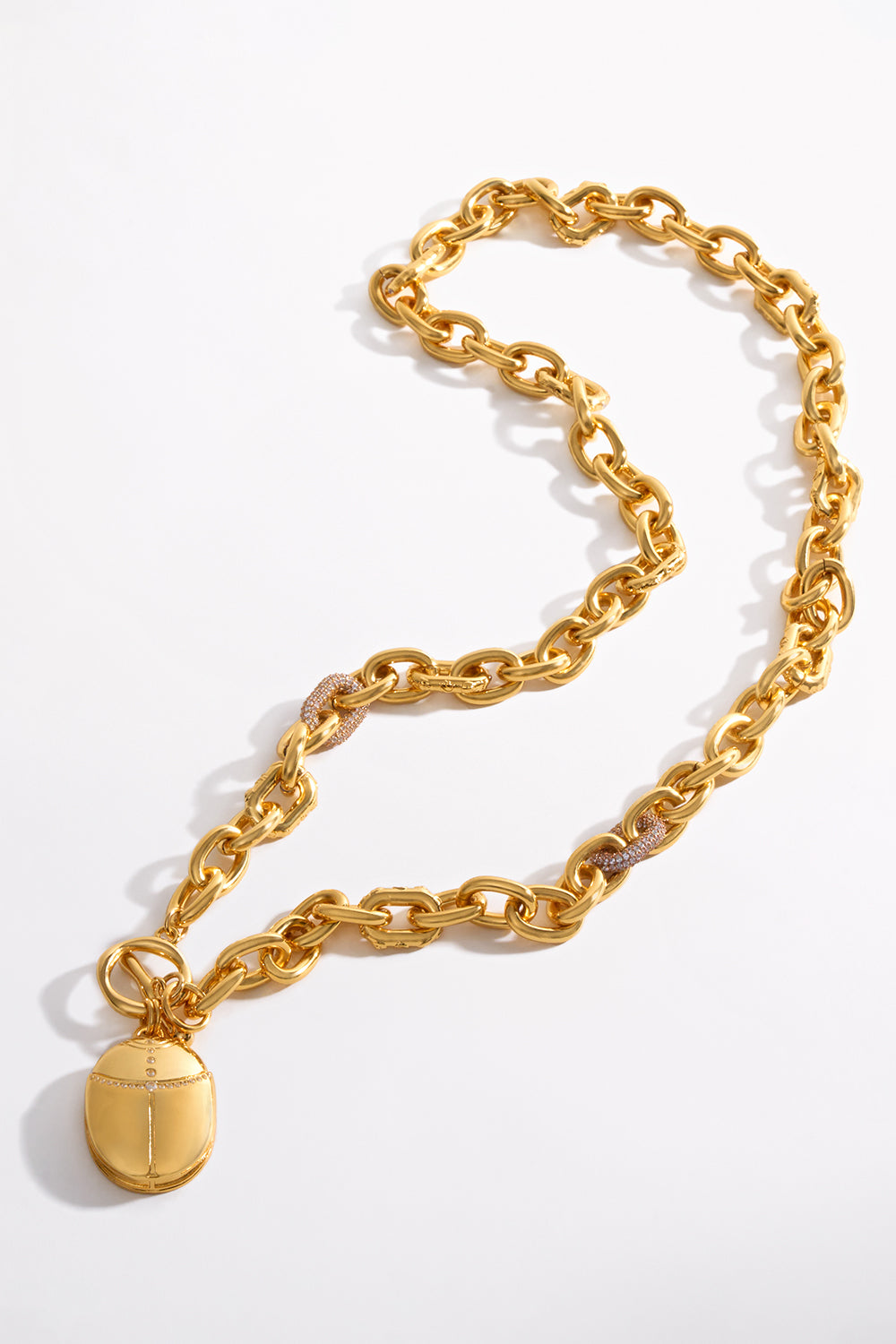 CAMILLA Gold Long Scarab Necklace in Cosmic Cartouche print.