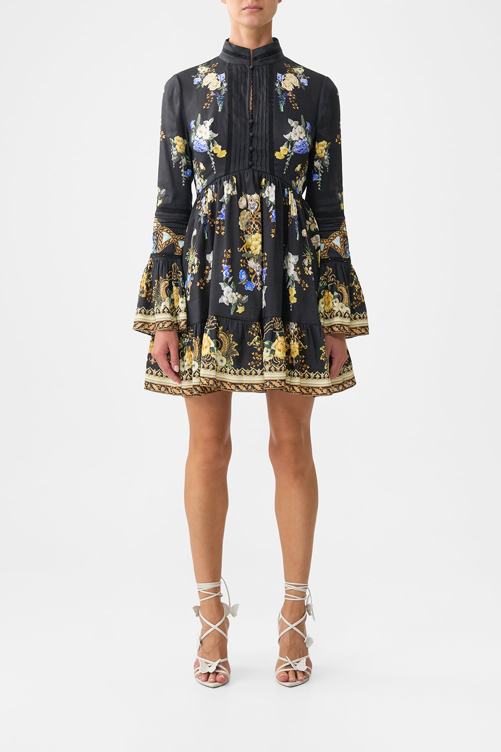 HIGH NECK SHORT DRESS WITH RUFFLE CUFF OTTOMAN ELEGANCE