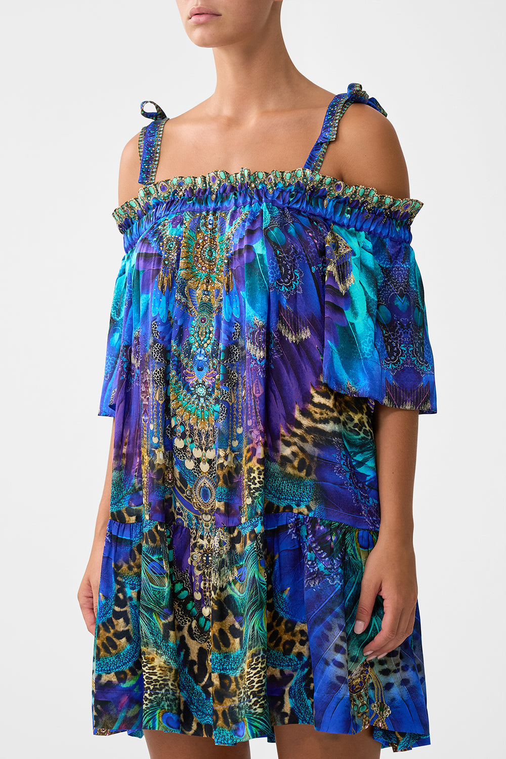 OFF SHOULDER FRILL DRESS WITH STRAPS COSMIC ZOOLOGY